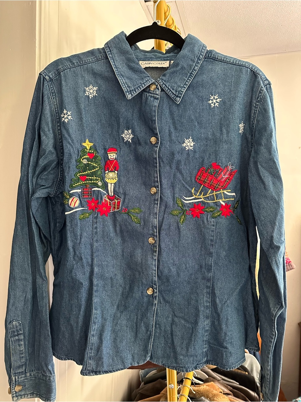 Vintage Denim Christmas Embroidered Jean Button-Up Shirt Size L